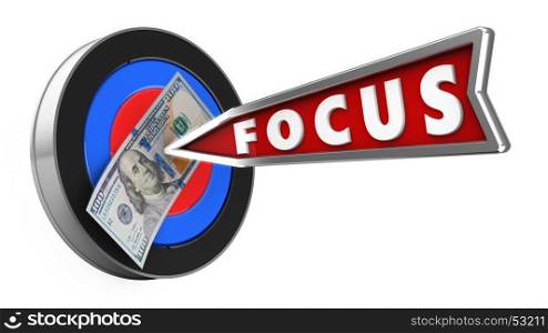 3d illustration of target with focus arrow and 100 dollars over white background