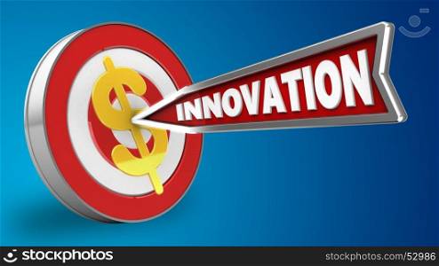 3d illustration of target with innovation arrow and dollar sign over blue background