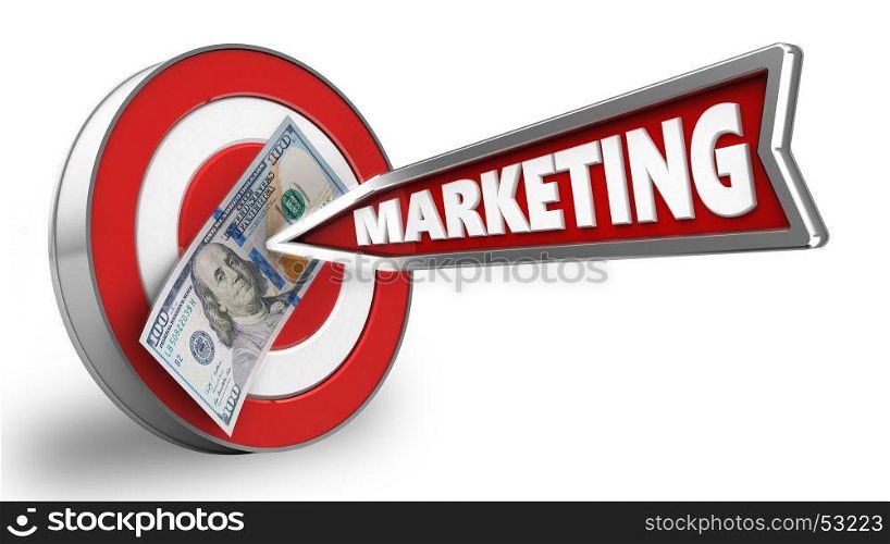 3d illustration of target with marketing arrow and 100 dollars over white background