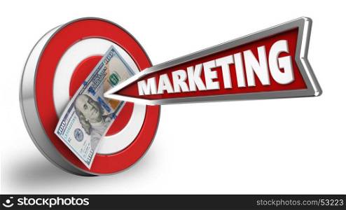3d illustration of target with marketing arrow and 100 dollars over white background