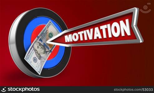 3d illustration of target with motivation arrow and 100 dollars over red background