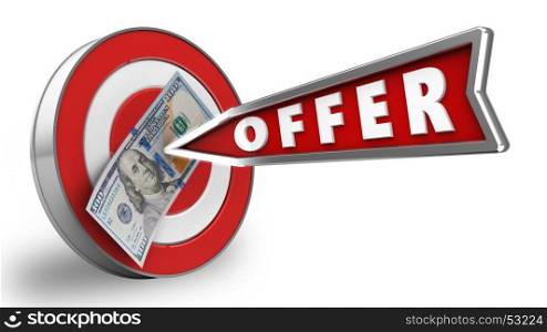 3d illustration of target with offer arrow and 100 dollars over white background