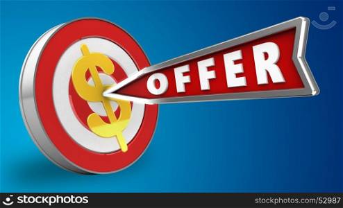 3d illustration of target with offer arrow and dollar sign over blue background