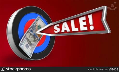 3d illustration of target with sale arrow and 100 dollars over red background