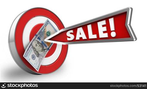 3d illustration of target with sale arrow and 100 dollars over white background