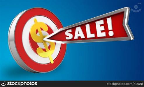 3d illustration of target with sale arrow and dollar sign over blue background
