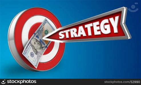 3d illustration of target with strategy arrow and 100 dollars over blue background