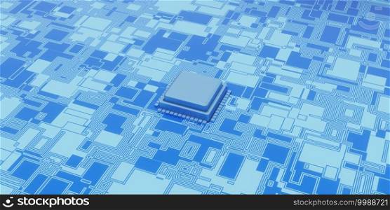 3d illustration of Technology Microchip Background, perspective of digital surface circuit board and chip
