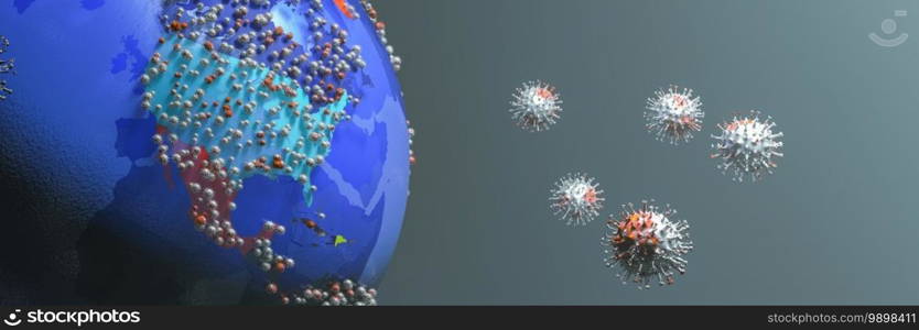 3d illustration of terrestrial globe, covid 19 coronavirus