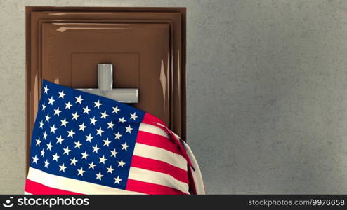 3d illustration of the flag of united states and casket