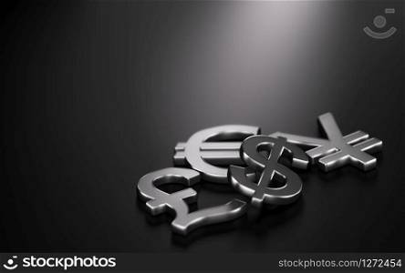 3D illustration of the four main currencies over black background with copy space on the top and left sides. Concept of forex trading. Currencies, Forex Trading.