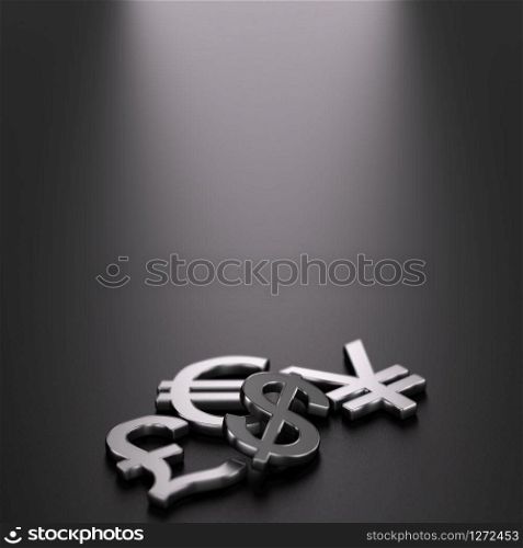 3D illustration of the four main currencies over black background with free space on the top.. Main Currencies Symbols