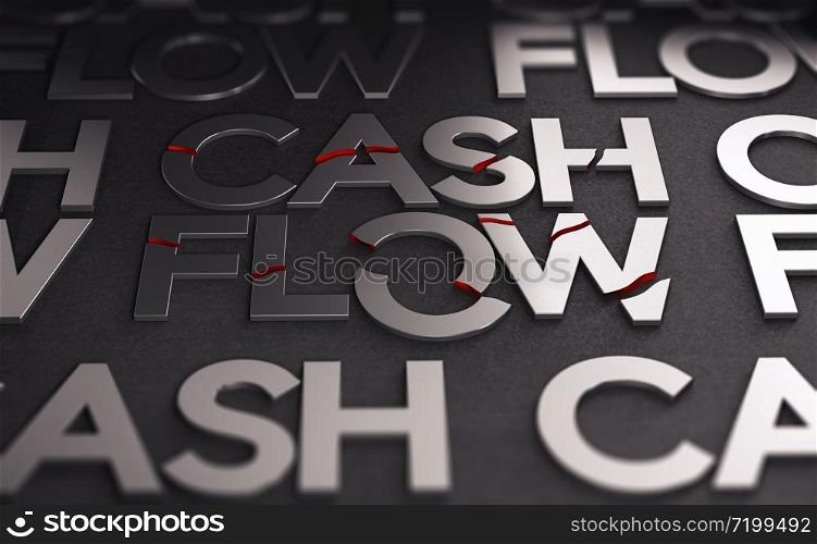 3D illustration of the text cash flow over black background. The words are broken. Concept of crisis and companies solvency.. Cash flow failure during crisis. Liquidity problems concept