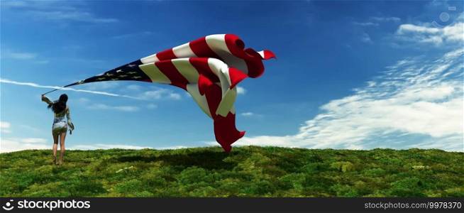 3d illustration of the woman and flag of united states