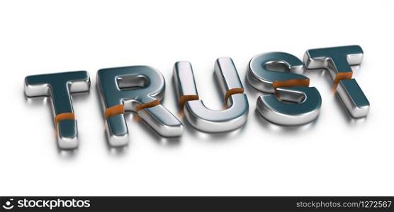 3D illustration of the word trust broken in two parts over white background, Business concept of untrusted company or unreliability.. Untrust, Lack of Trust