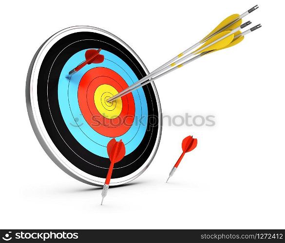 3D illustration of three arrows hitting the center of a target and three darts failled to reach the objective. Conceptual image over white background. Concept of competitive advantage.. Outperform Competitors