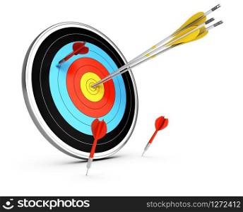 3D illustration of three arrows hitting the center of a target and three darts failled to reach the objective. Conceptual image over white background. Concept of competitive advantage.. Outperform Competitors