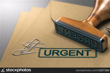 3D illustration of three envelopes and a rubber stamp with the word urgent stamped on the first one.. Urgent Letter, Kraft Envelope and Rubber Stamp.