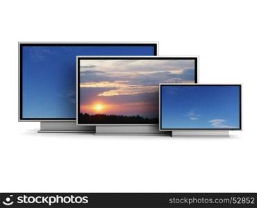 3d illustration of three plasma tv over white background