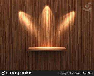 3D illustration of three spotlights on parquet wall