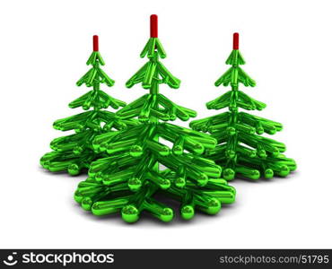 3d illustration of three stylized christmas trees over white background