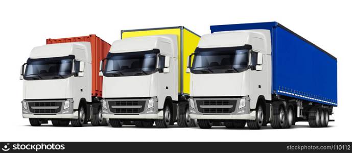 3D illustration of three trucks with various trailers, isolated on white