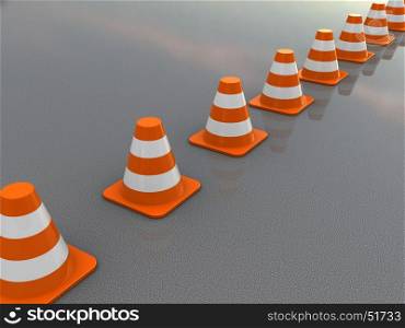 3d illustration of traffic cones line over asphalt road background