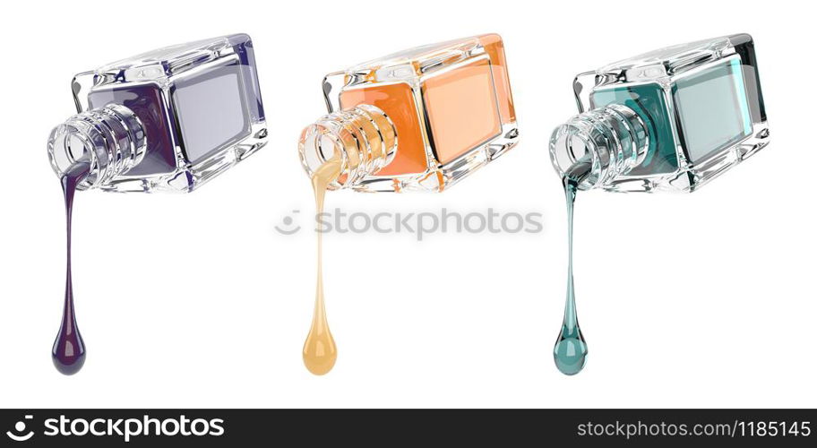 3d illustration of transparent nail polish bottle with drops, isolated on white with clipping path set