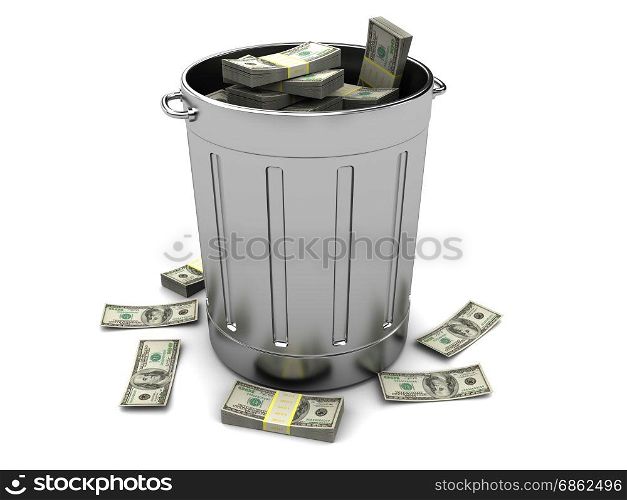 3d illustration of trashcan full of money, over white background