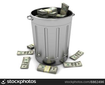 3d illustration of trashcan full of money, over white background
