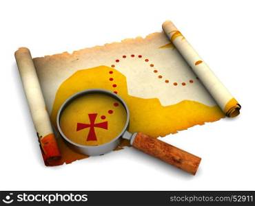 3d illustration of treasure map and magnify glass