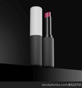3d illustration of trendy lipstick template on black background. Fashion cosmetics. Makeup design background. Use flyer, banner, flyer template for advertising.
