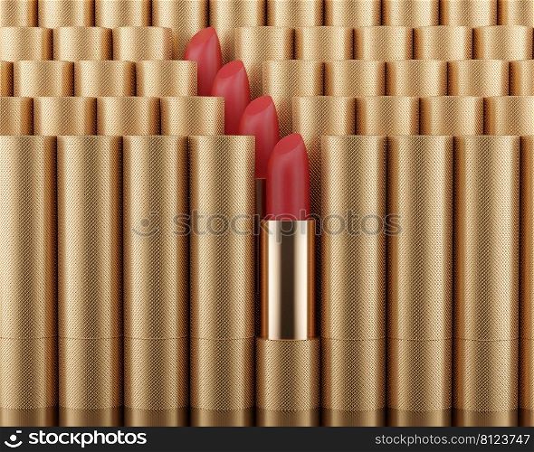 3d illustration of trendy lipstick template on gold background. Fashion cosmetics. Makeup design background. Use flyer, banner, flyer template for advertising.