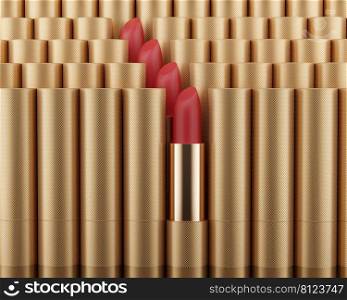 3d illustration of trendy lipstick template on gold background. Fashion cosmetics. Makeup design background. Use flyer, banner, flyer template for advertising.