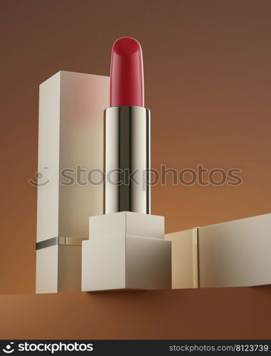 3d illustration of trendy lipstick template on orange background. Fashion cosmetics. Makeup design background. Use flyer, banner, flyer template for advertising.