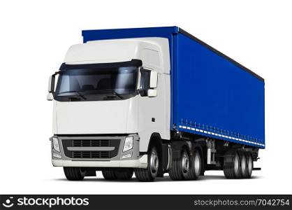 3D illustration of truck and curtainsider semitrailer with canvas top, isolated on white