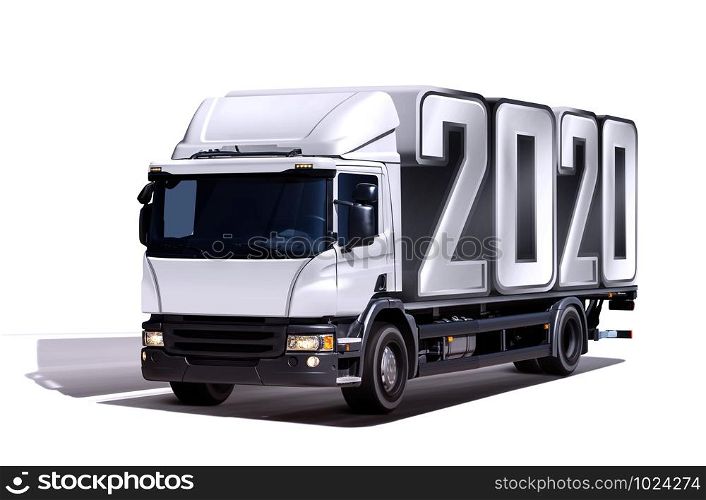 3d illustration of truck delivers 2020 freight in the form like container, isolated