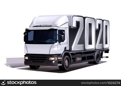 3d illustration of truck delivers 2020 freight in the form like container, isolated