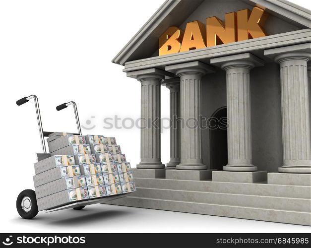 3d illustration of truck full of money and bank building. money to bank