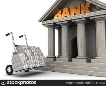 3d illustration of truck full of money and bank building. money to bank