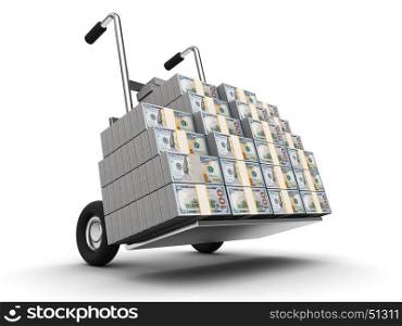 3d illustration of truck full of money, over white background