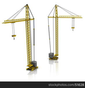 3d illustration of two building cranes over white background