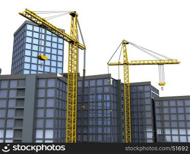 3d illustration of two cranes and city buildings, over white background
