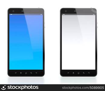3D illustration of two mobile phones one with blue blank screen and one with white blank screen on white background