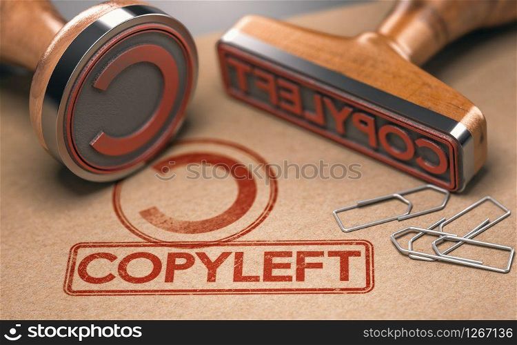 3d illustration of two rubber stamps with copyleft symbol and text printed on brown paper. Copyleft Licence Concept