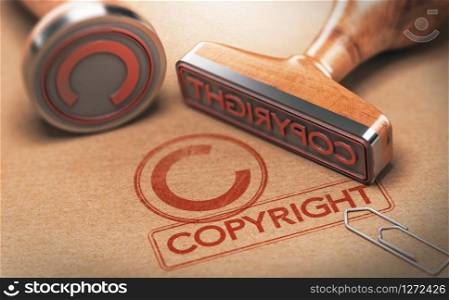 3D illustration of two rubber stamps with copyright word and symbol over kraft paper background, Concept of copyrighted material. Copyrighted Material, Intellectual Property Copyright
