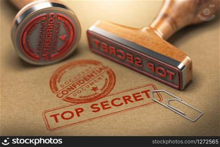 3D illustration of two rubber stamps with the text confidential and top secret stamped on brown paper background. Sensitive information and National security concept.. Top Secret Documents, Sensitive Information