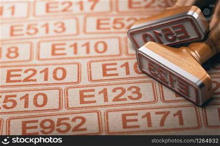 3D illustration of two rubber stamps with the text E123 and E510 over other many controversed numbers. Food additives list concept. Food Additives List