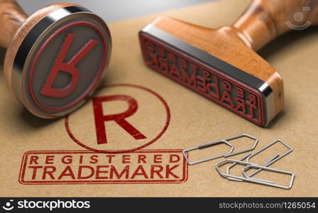 3D illustration of two rubber stamps with the text registered trademark and the symbol R over brown paper background. Trade-mark Registration Concept. Registered Trademark Concept