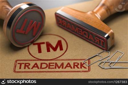 3D illustration of two rubber stamps with the word trademark and the symbol TM over brown paper background. Trade-mark Registration Concept. Trademark Registration Concept